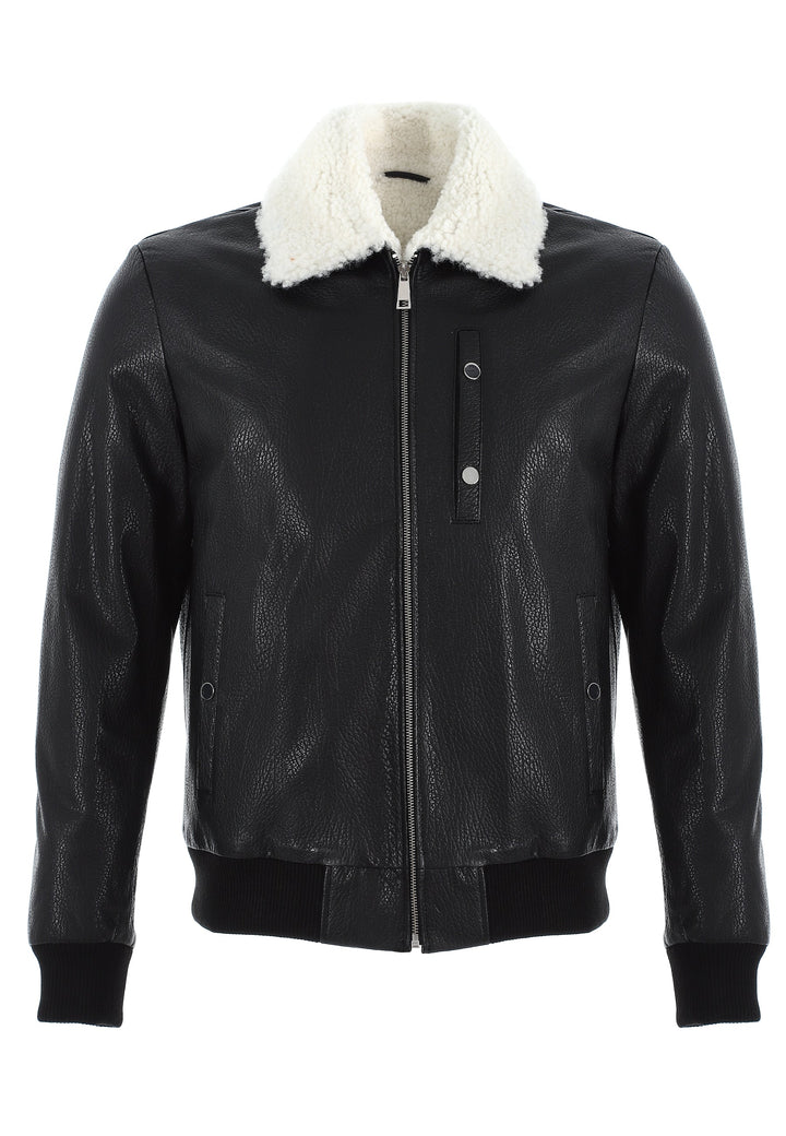 Black leather jacket with shearling collar