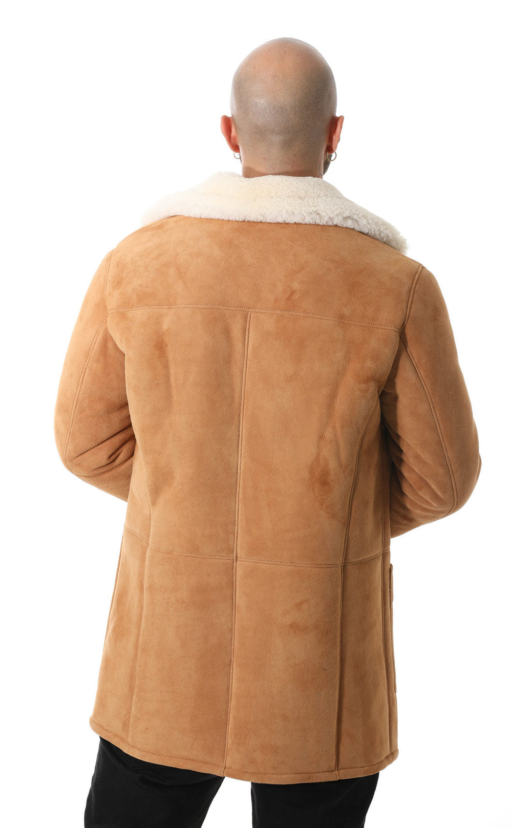 Back view tan sheepskin coat on model