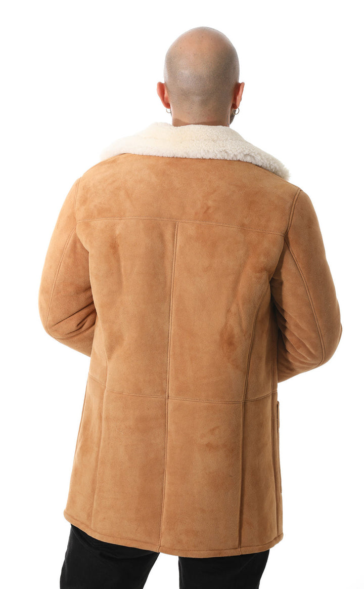 Back view tan sheepskin coat on model