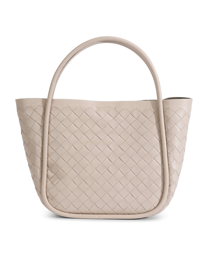 Beige woven leather top-handle tote