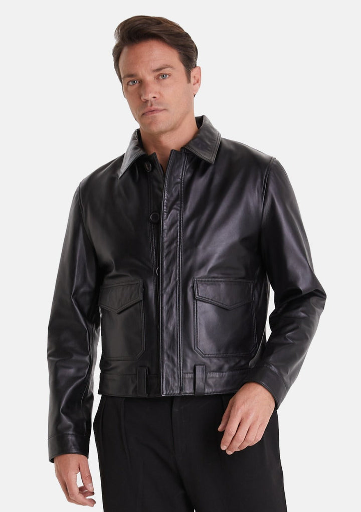 Man wearing black leather jacket