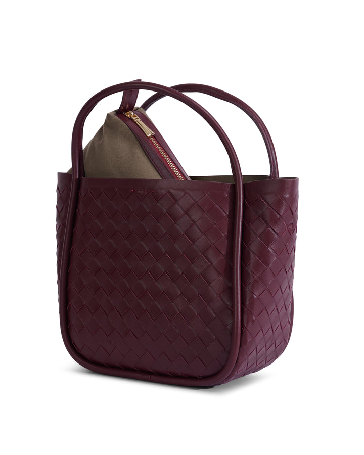 Burgundy woven leather top-handle bag
