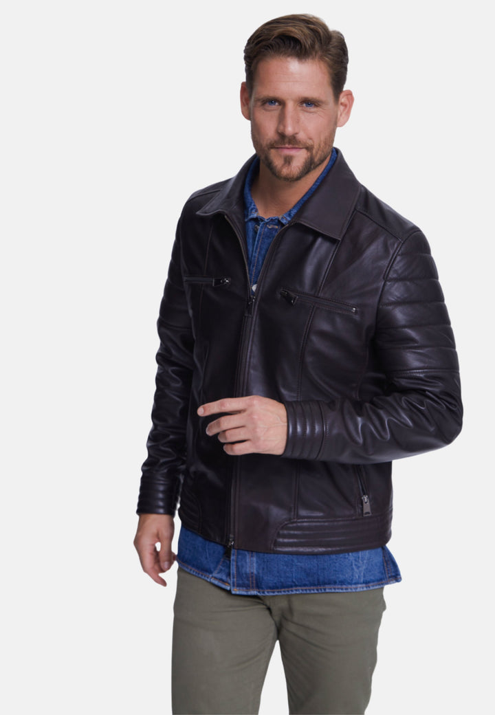 Man wearing dark brown leather jacket