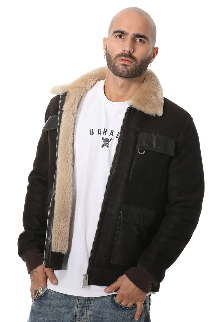 Man wearing brown sheepskin jacket