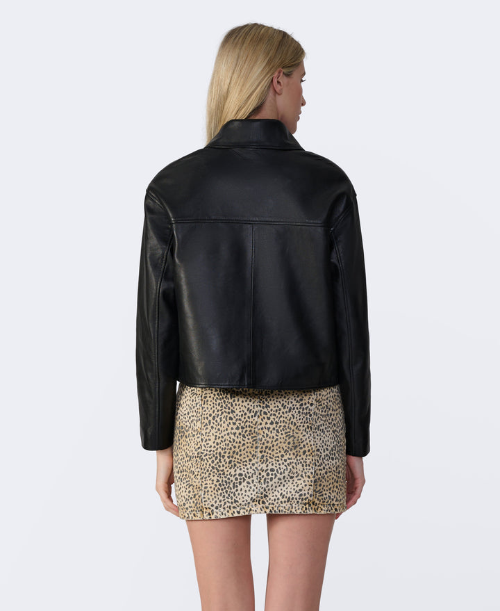 Back view of black leather jacket on model