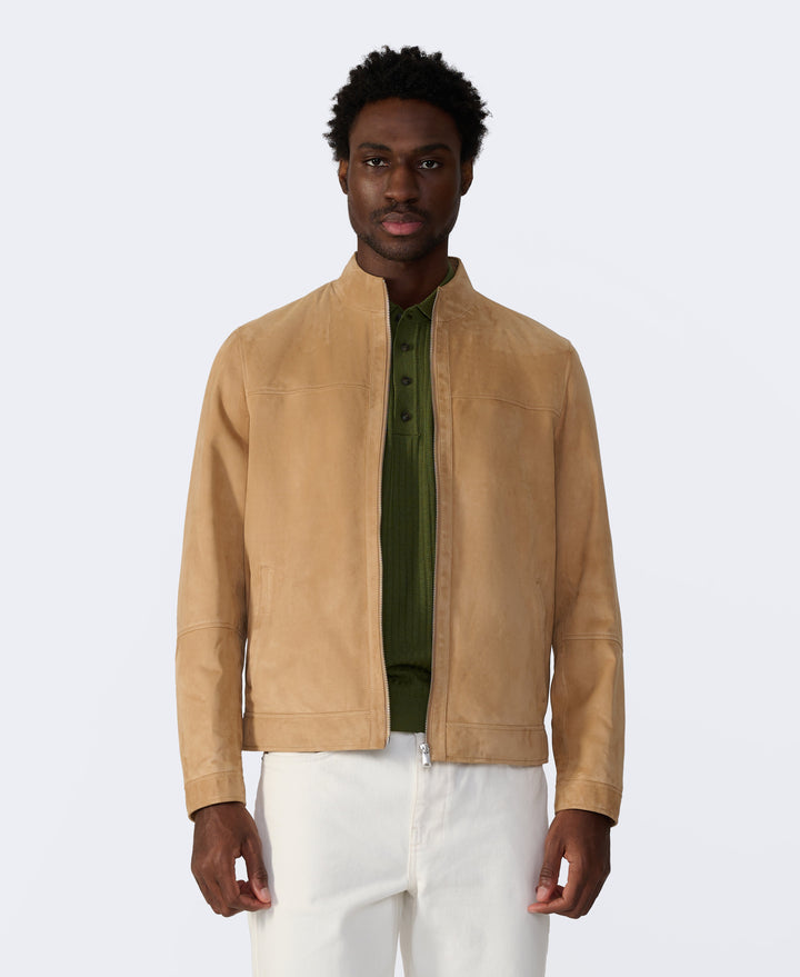 Tan suede bomber jacket on model