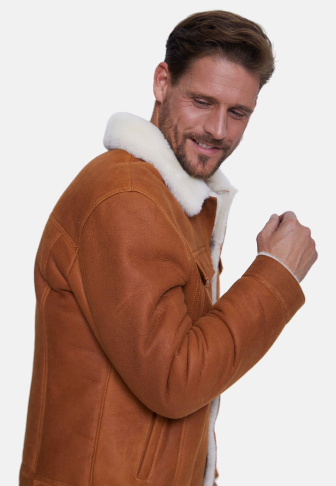 Man wearing tan sheepskin jacket