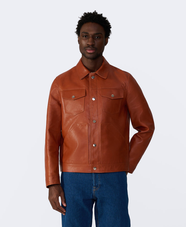 Man wearing brown leather jacket