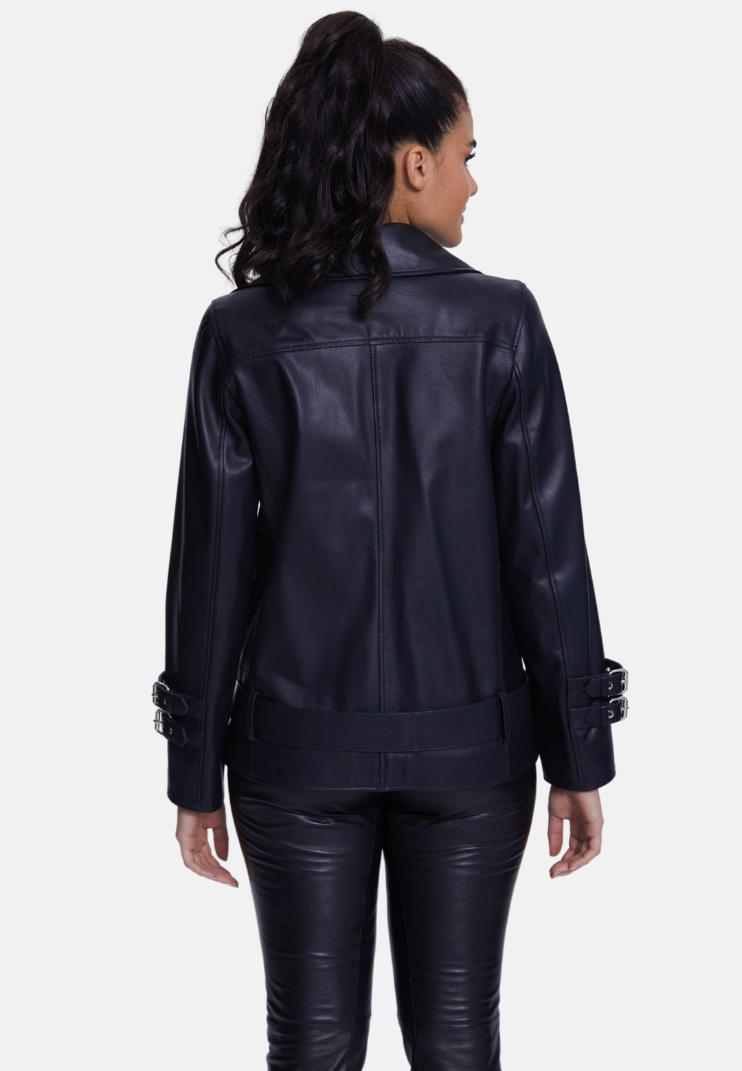 Black leather jacket back view
