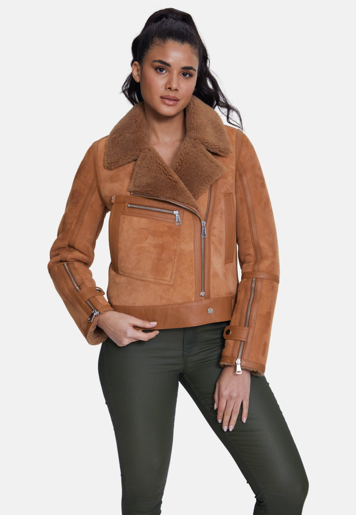 Brown sheepskin biker jacket on model