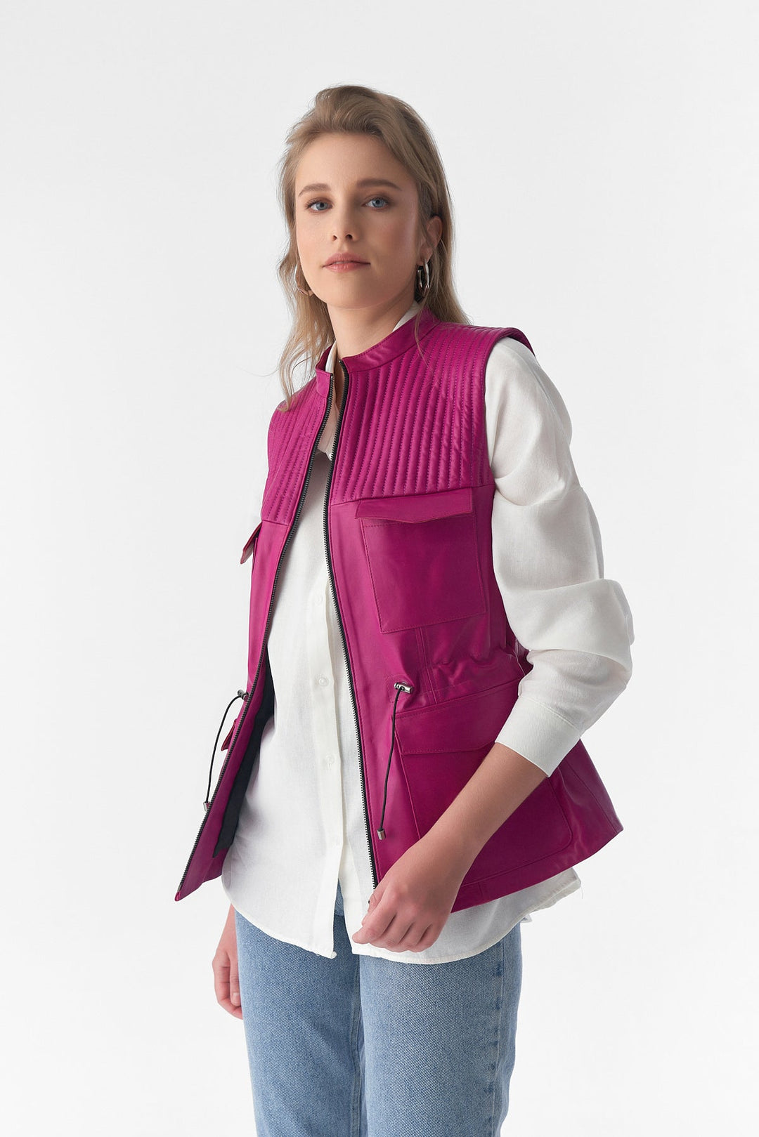 Pink leather vest on model