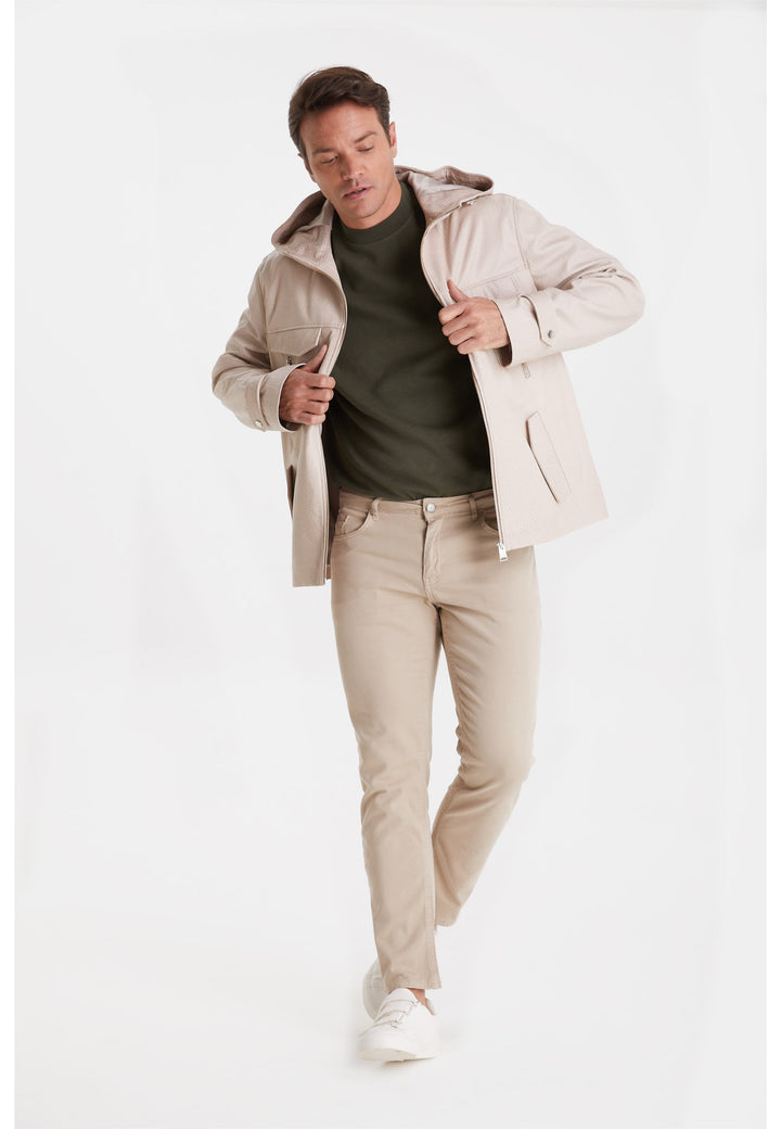 Man wearing beige leather jacket