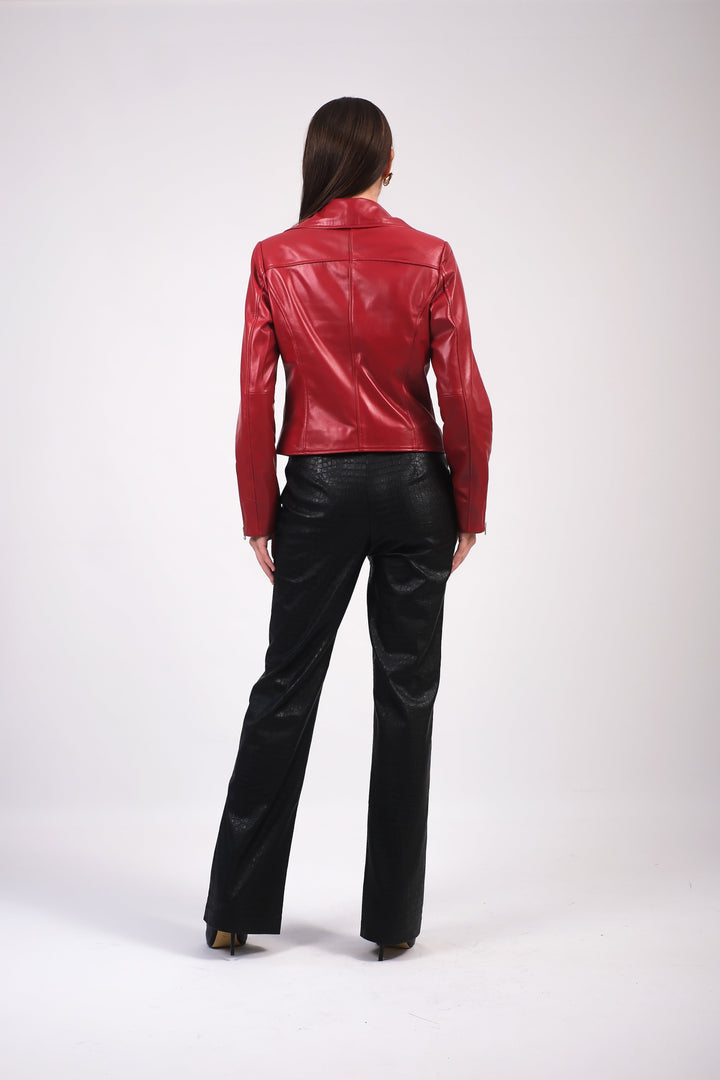 Back view red leather jacket on model