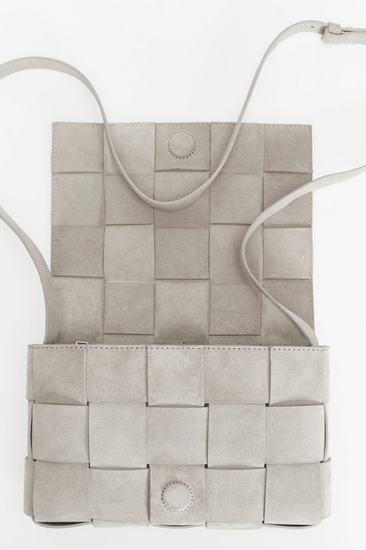 Beige woven suede crossbody handbag