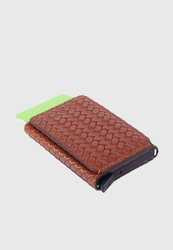 Tan woven leather slim card holder