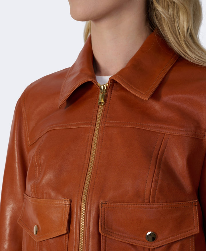 Brown leather jacket close-up