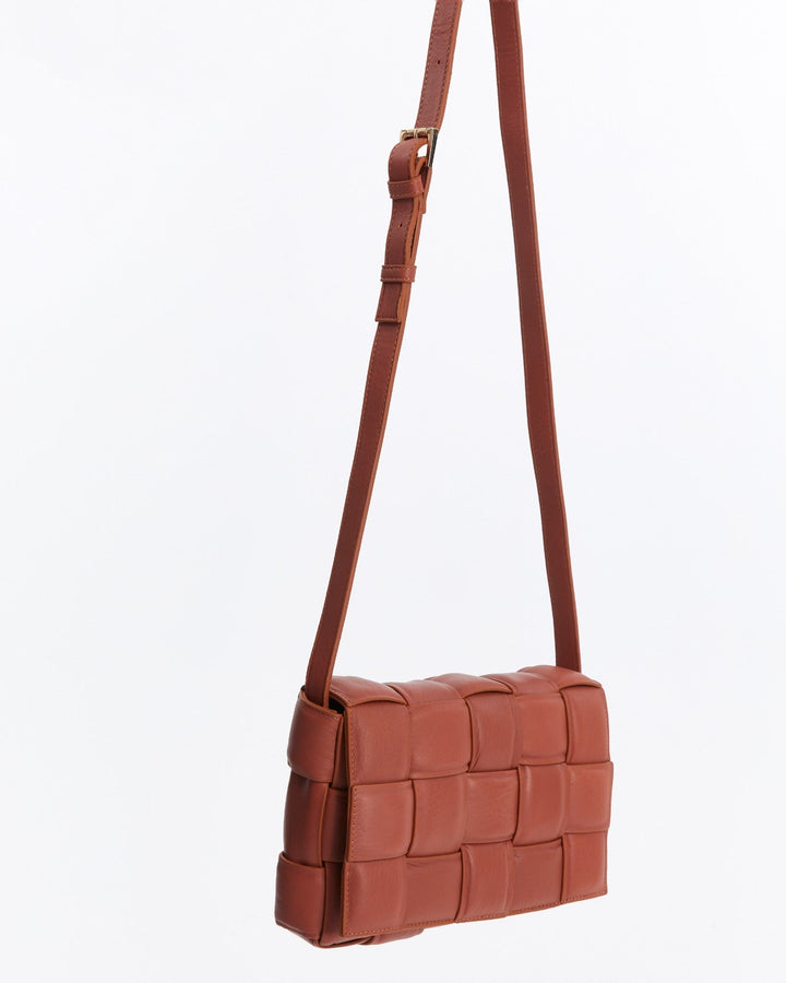 Cognac woven leather crossbody bag