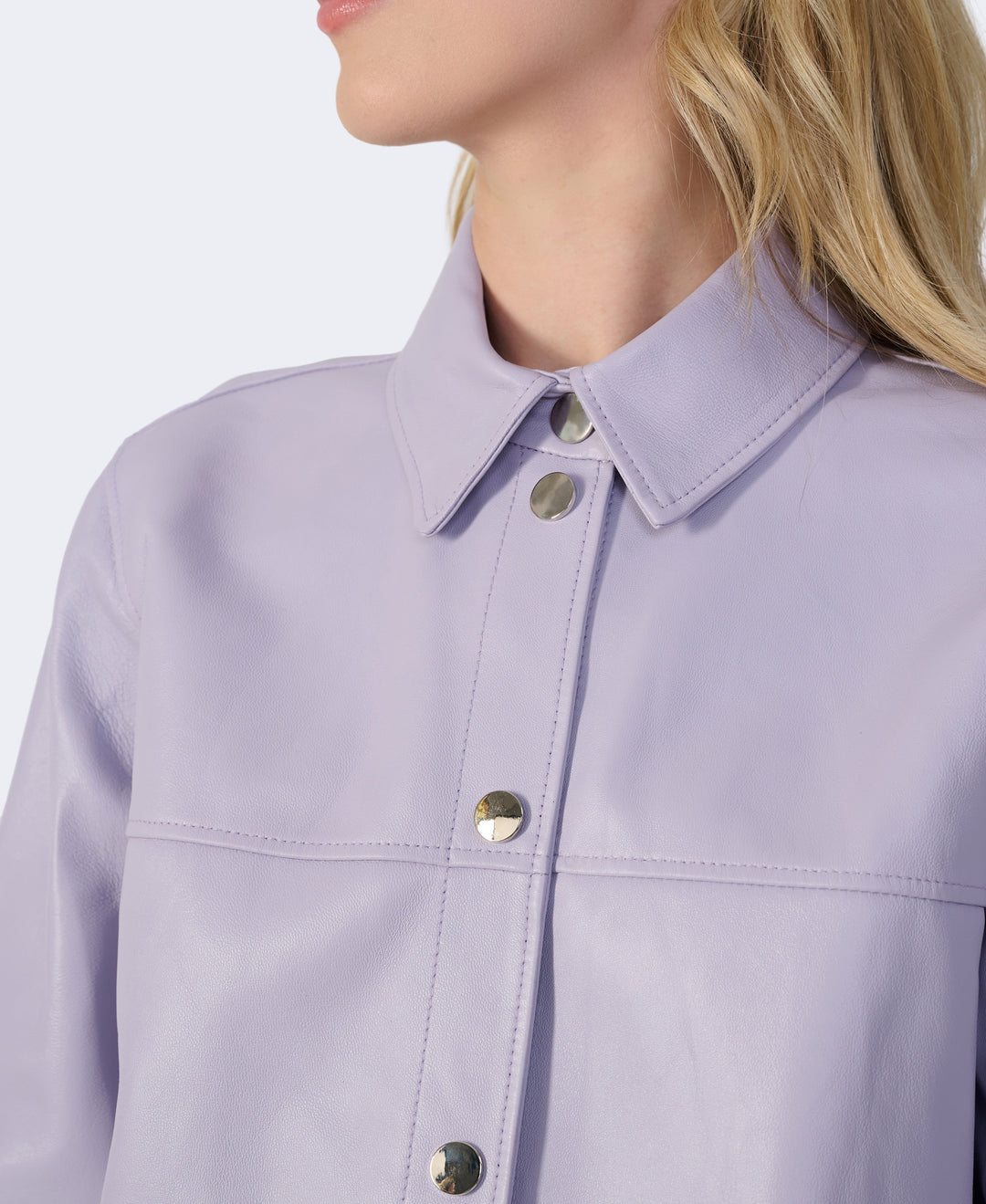 Lilac leather shirt jacket close-up