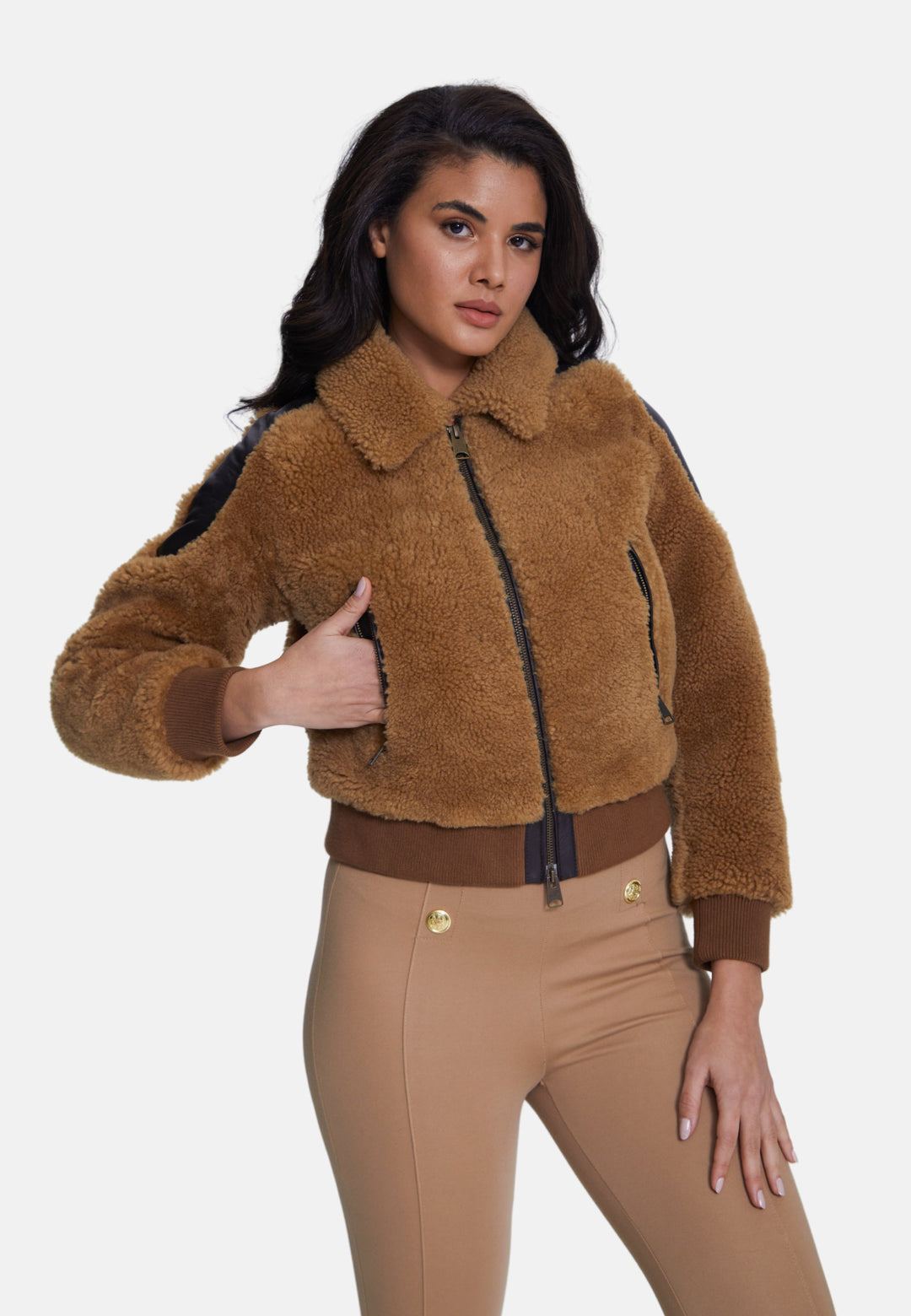 Brown sheepskin teddy jacket on model