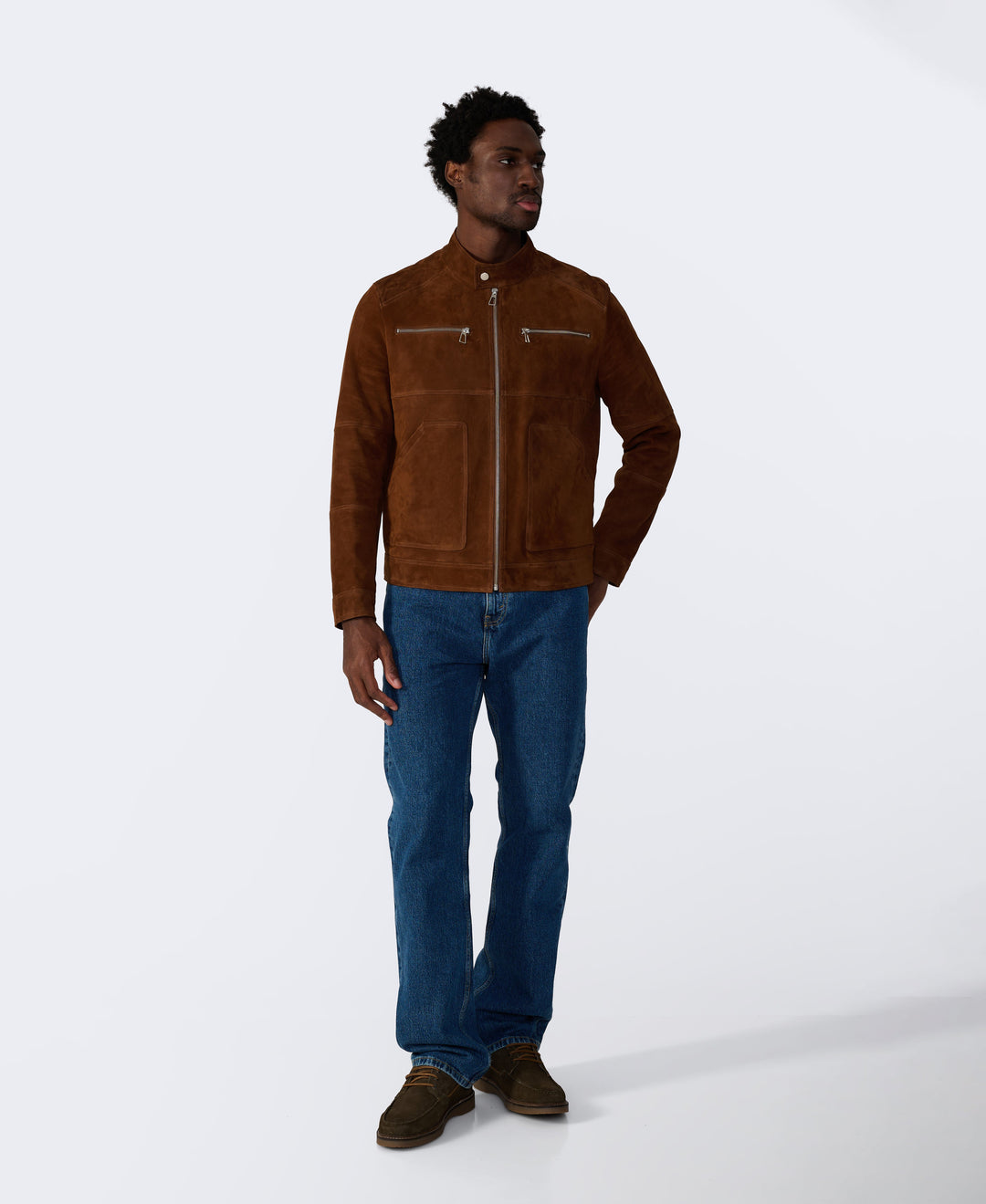 Brown suede jacket on model