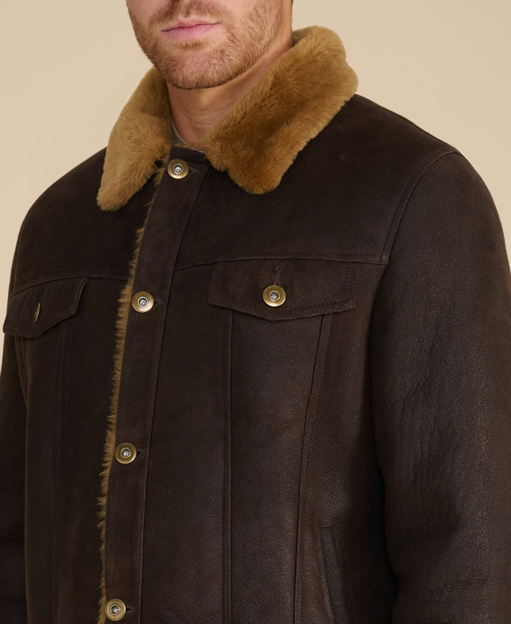 Brown shearling jacket with tan collar