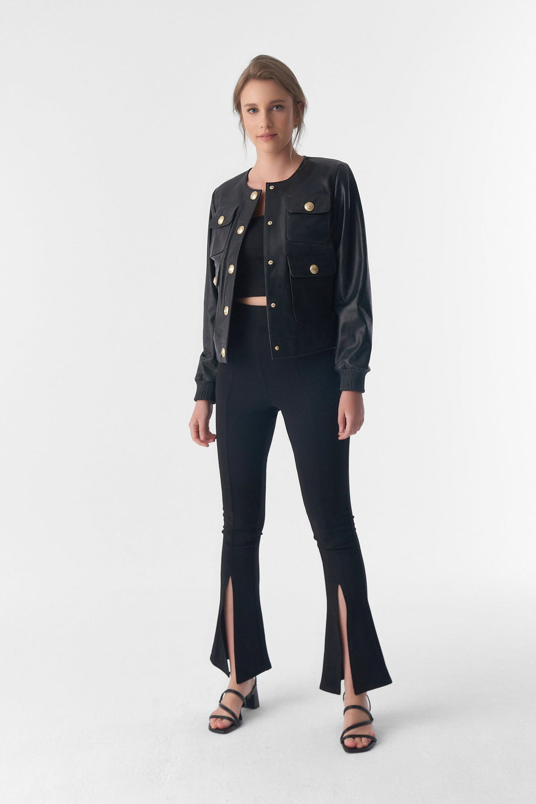 Woman wearing black leather jacket