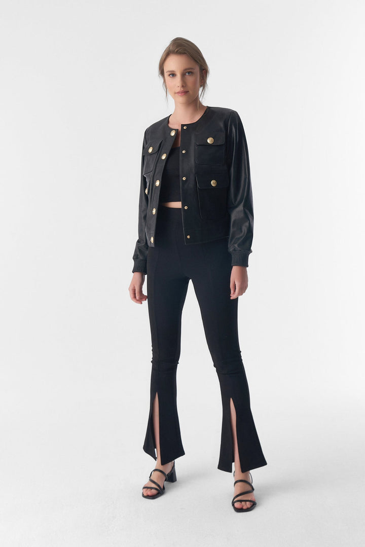 Woman wearing black leather jacket