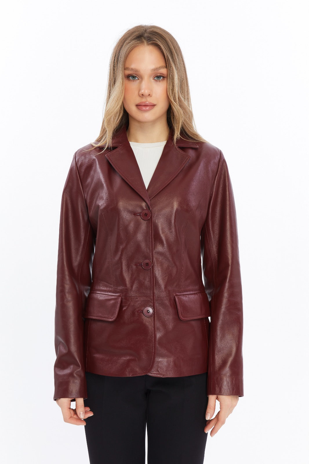 Burgundy leather jacket on model