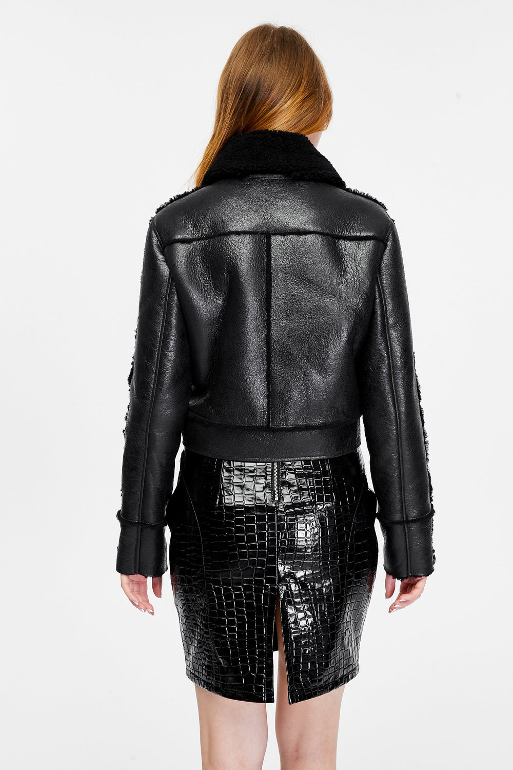 Back view black shearling jacket on model