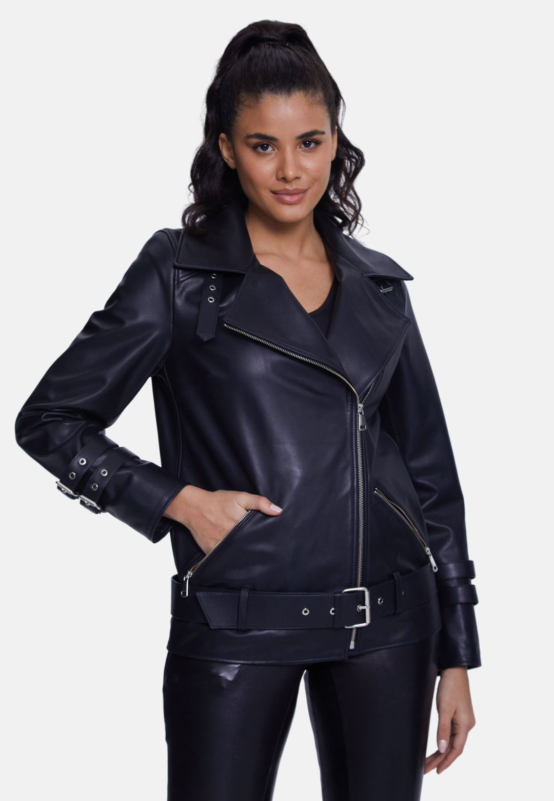 Woman wearing black leather biker jacket