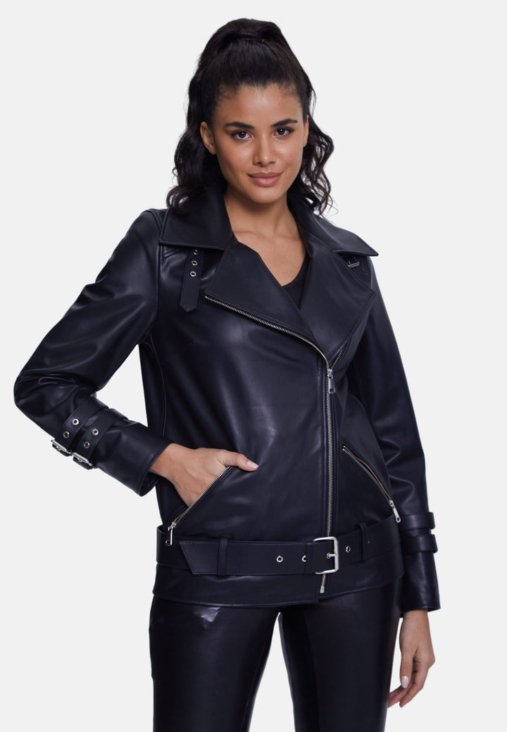 Woman wearing black leather biker jacket