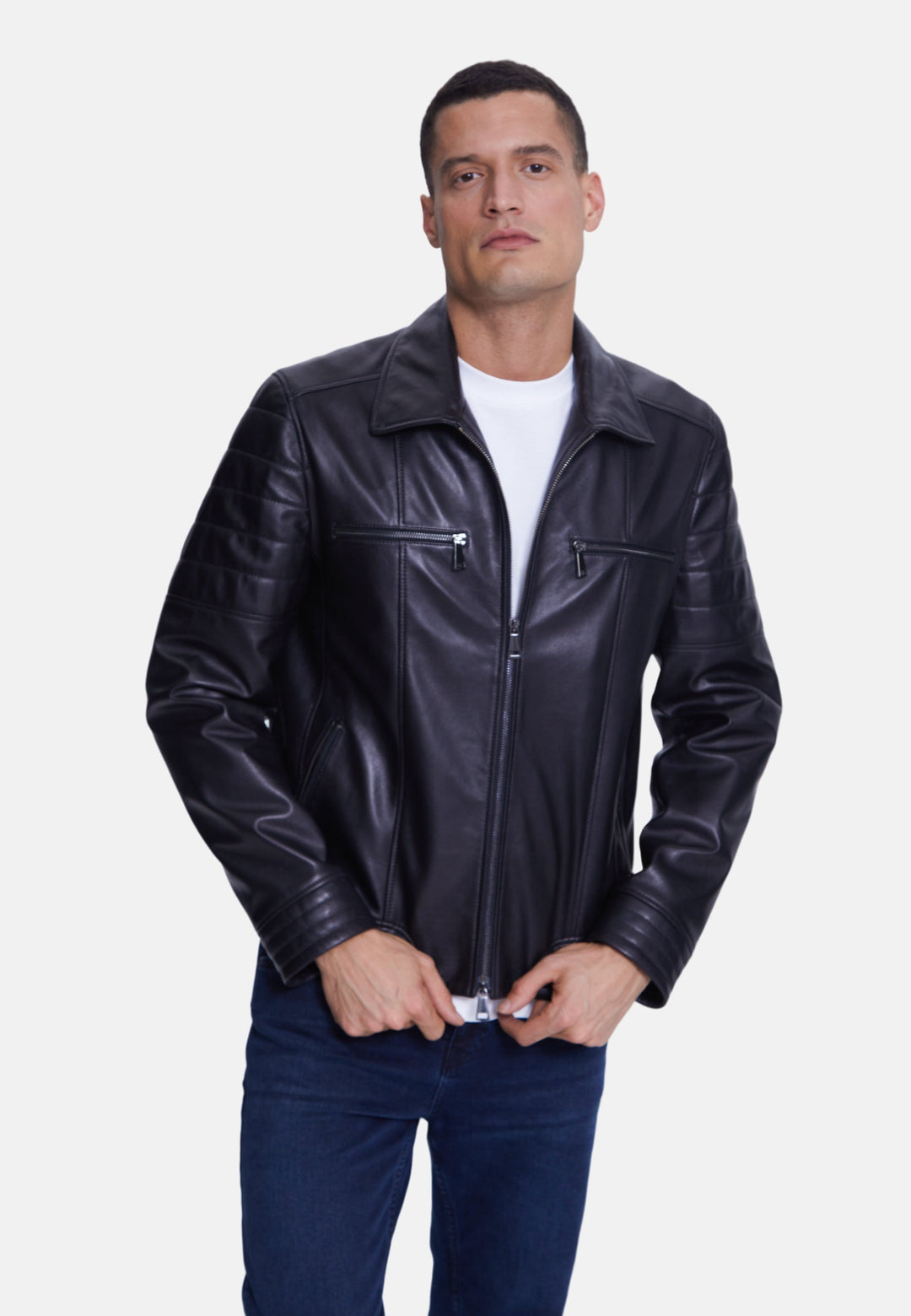 Man wearing black leather jacket