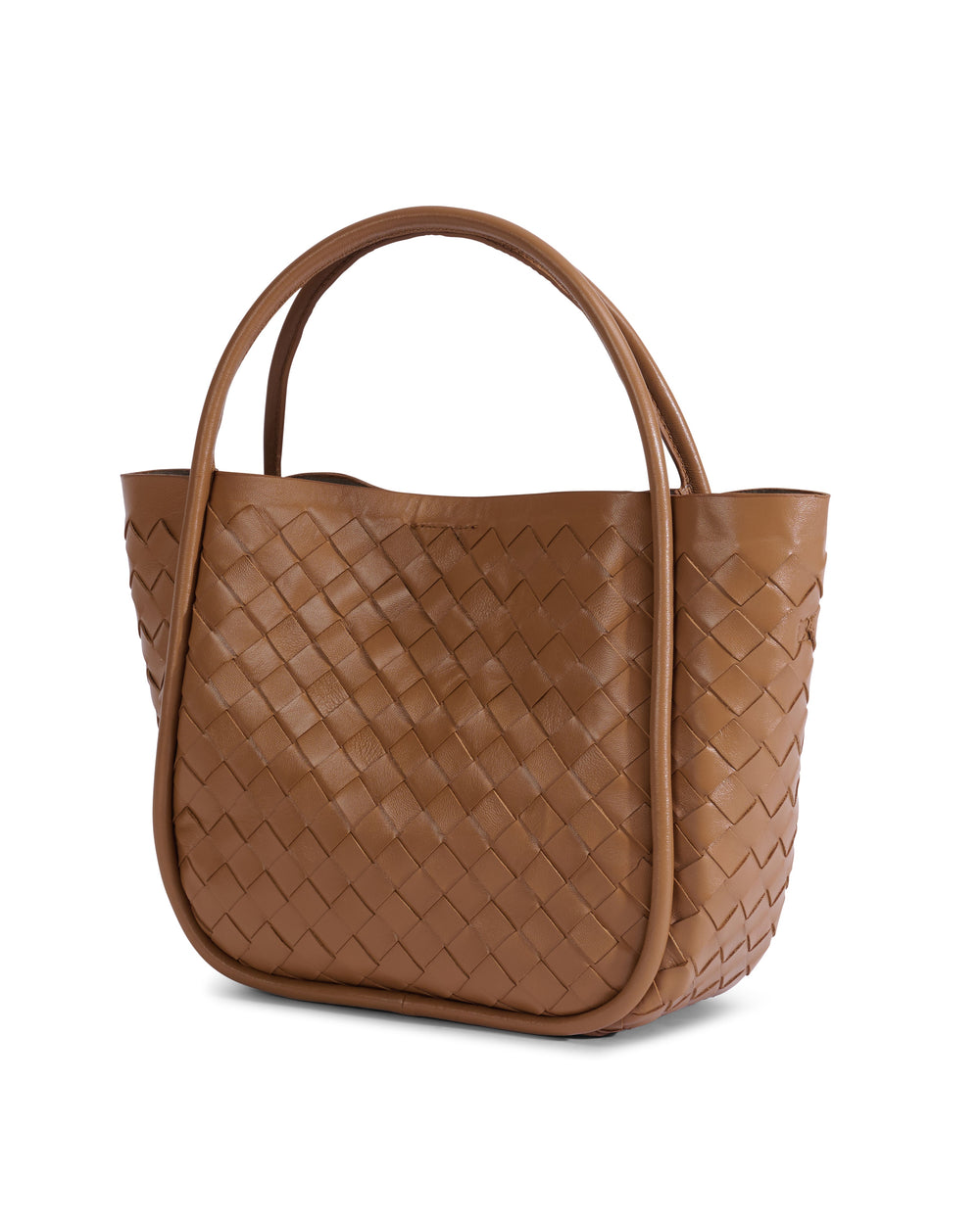 Tan woven leather top-handle tote