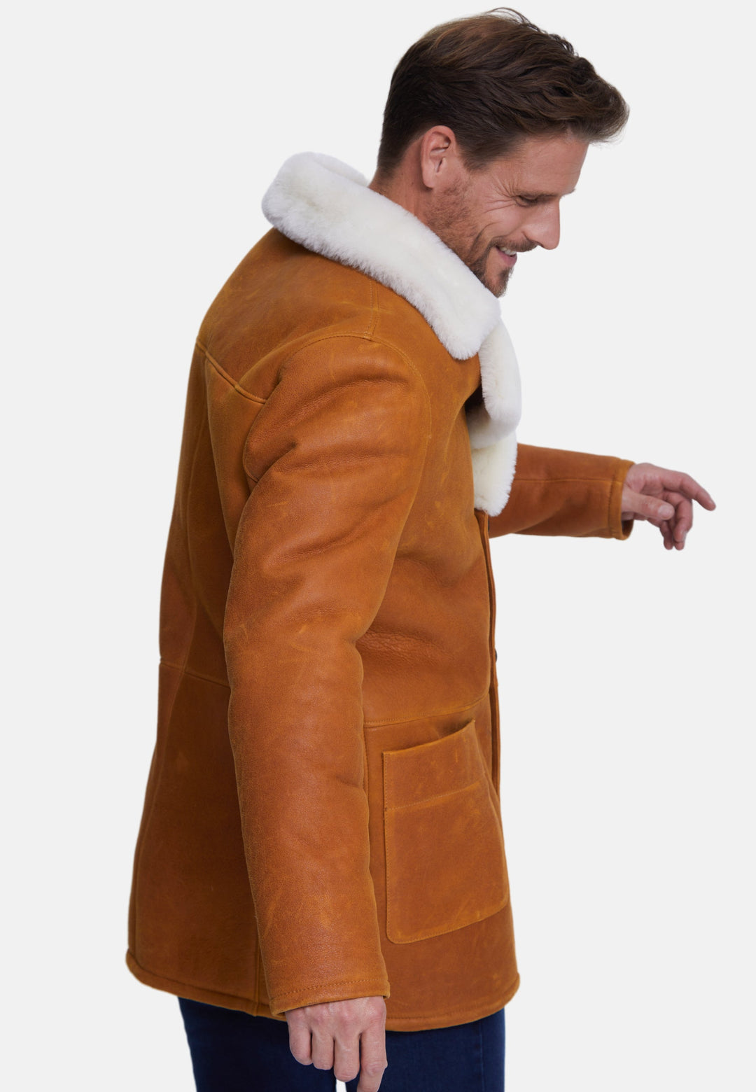 Tan sheepskin coat with white collar