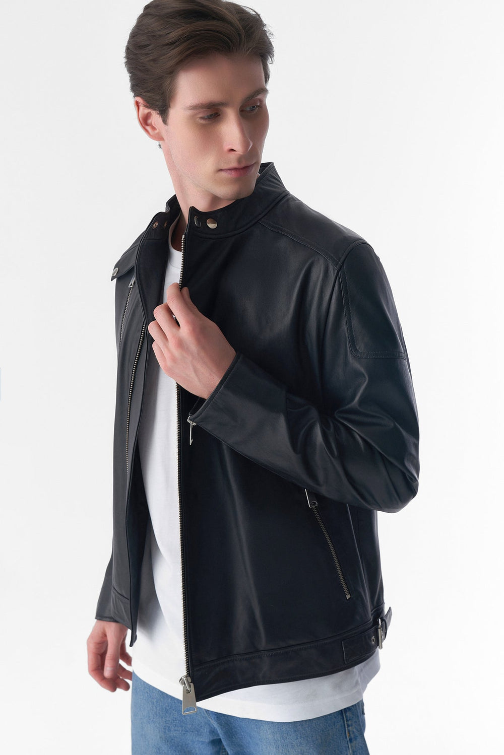 Man wearing black leather jacket