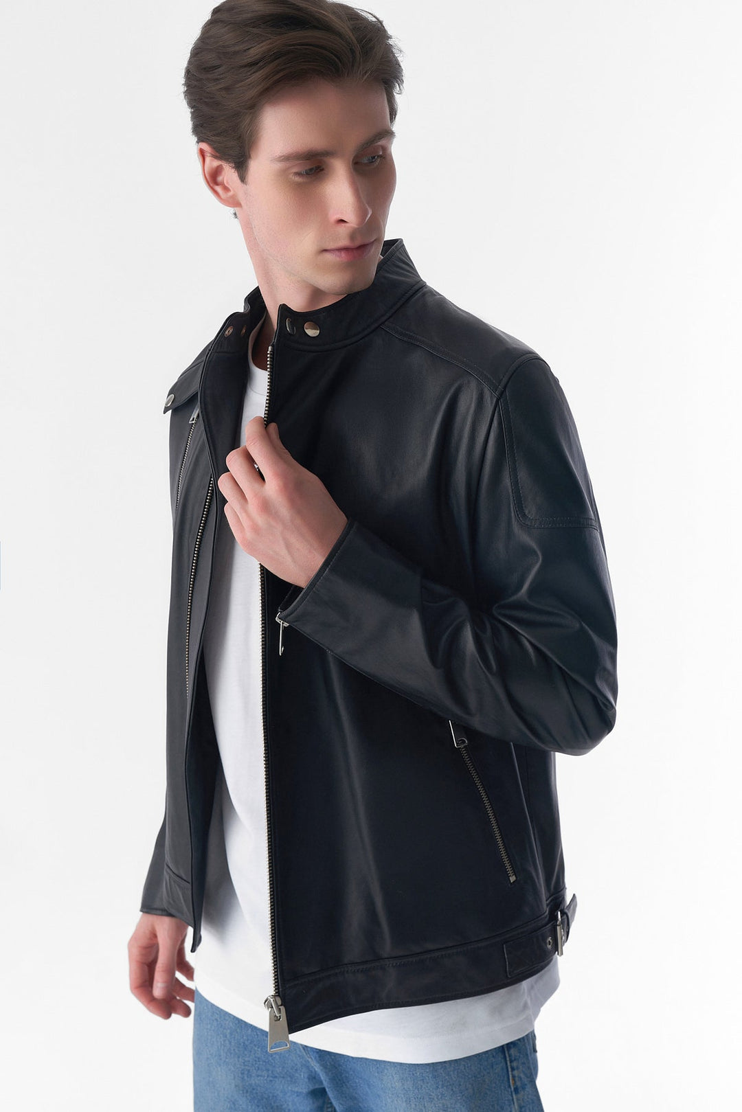 Man wearing black leather jacket