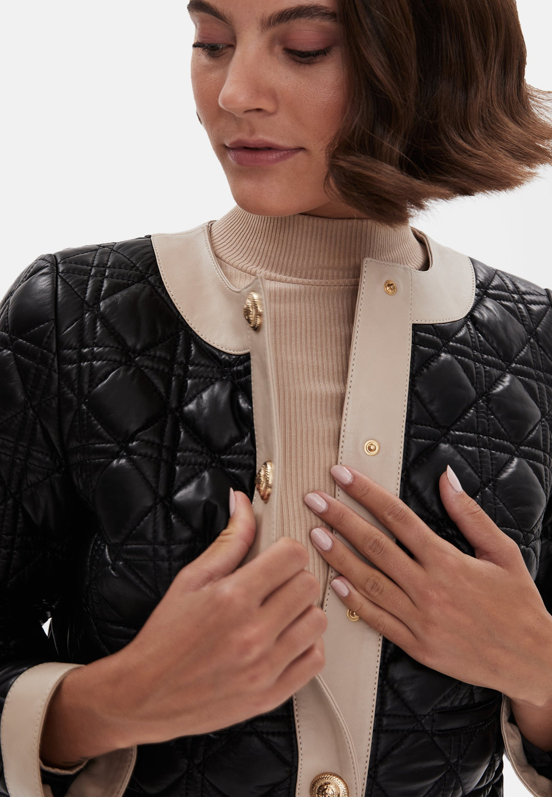 Quilted black leather jacket on model