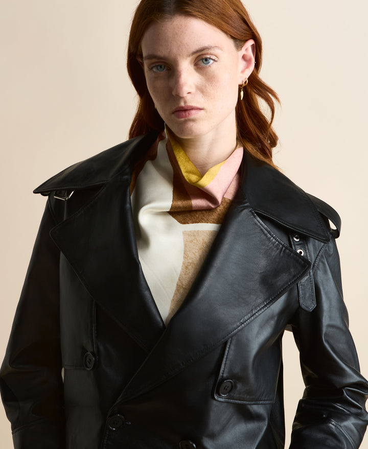 Woman wearing black leather jacket