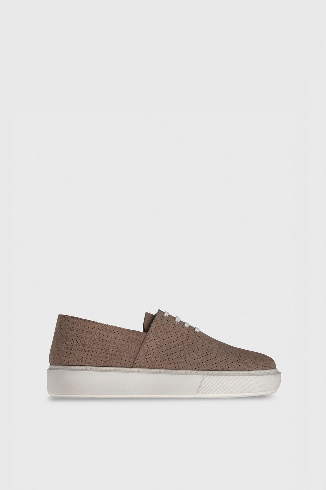 Perforated taupe suede low-top sneaker