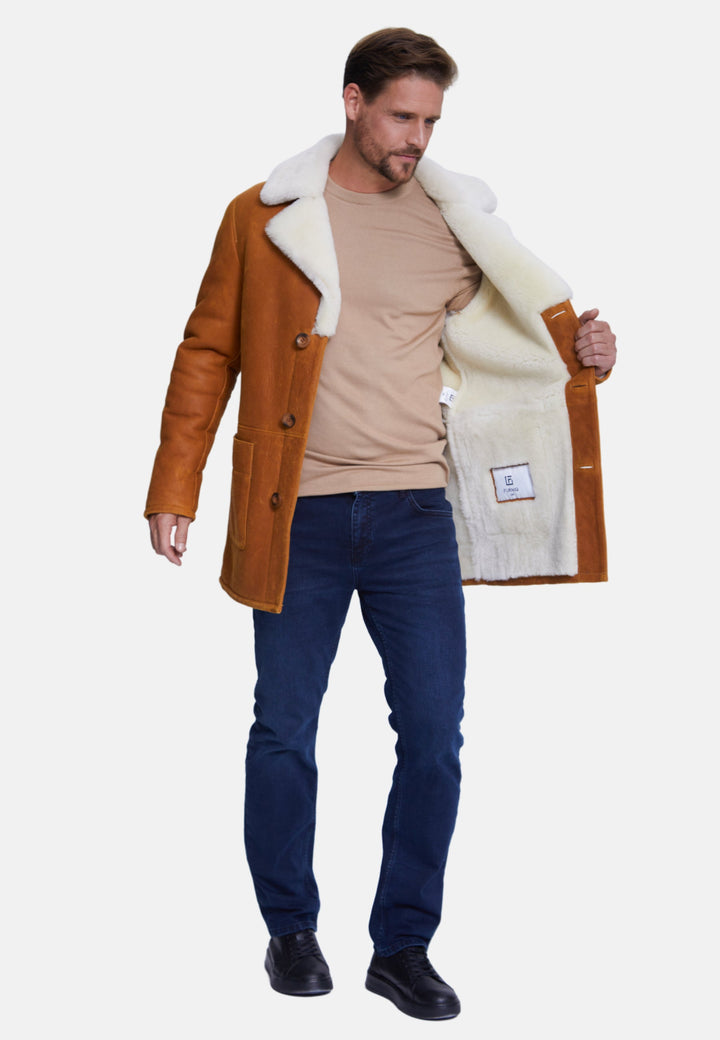 Man wearing brown sheepskin coat