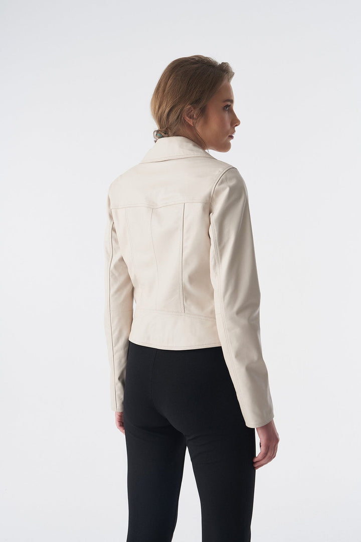 Beige leather jacket on model (back)