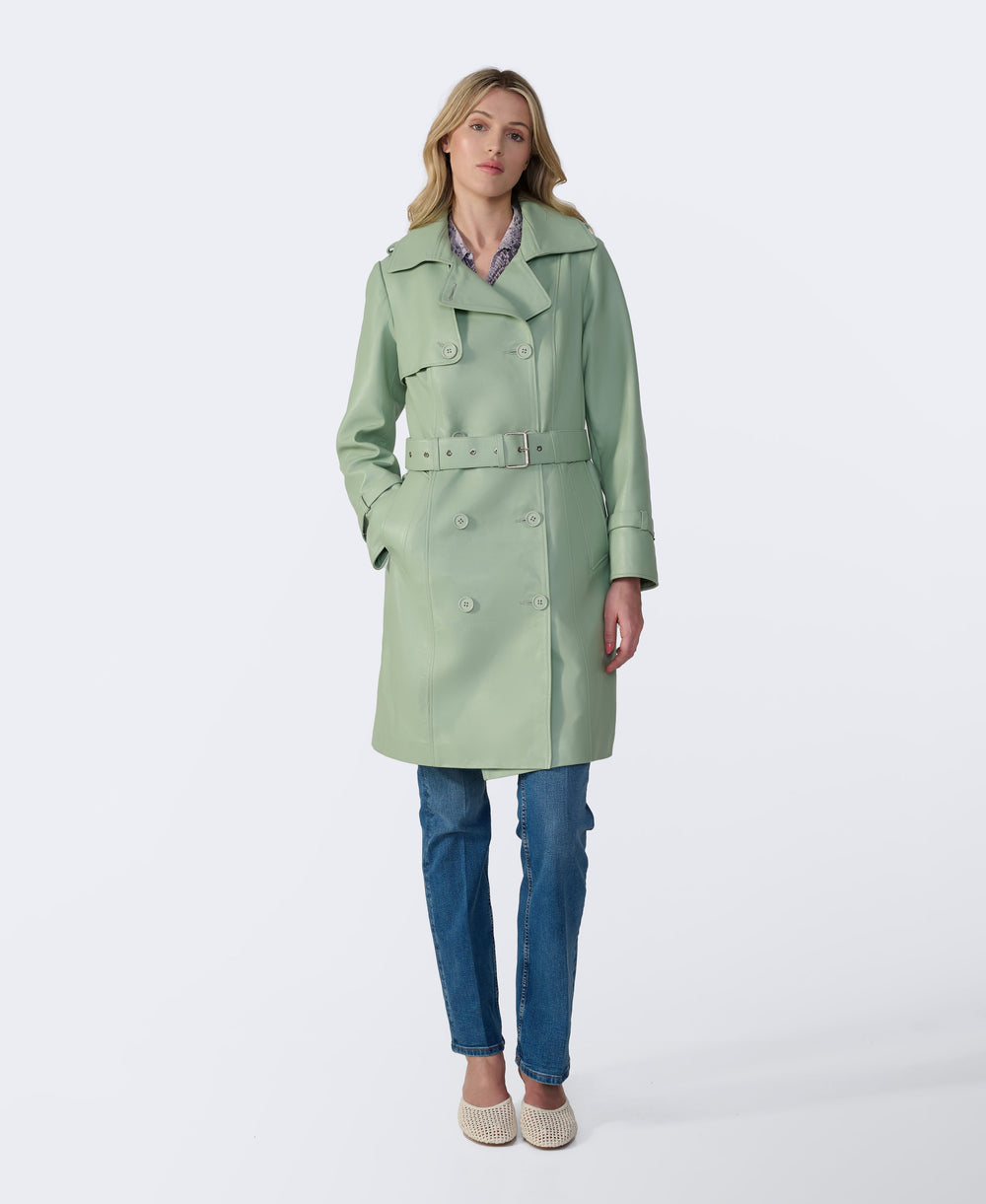 Mint green leather trench coat on model