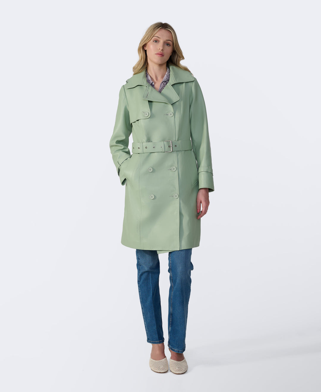 Mint green leather trench coat on model