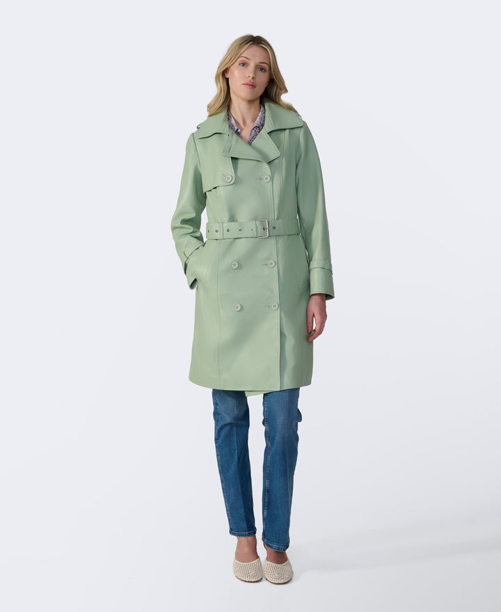 Mint green leather trench coat on model