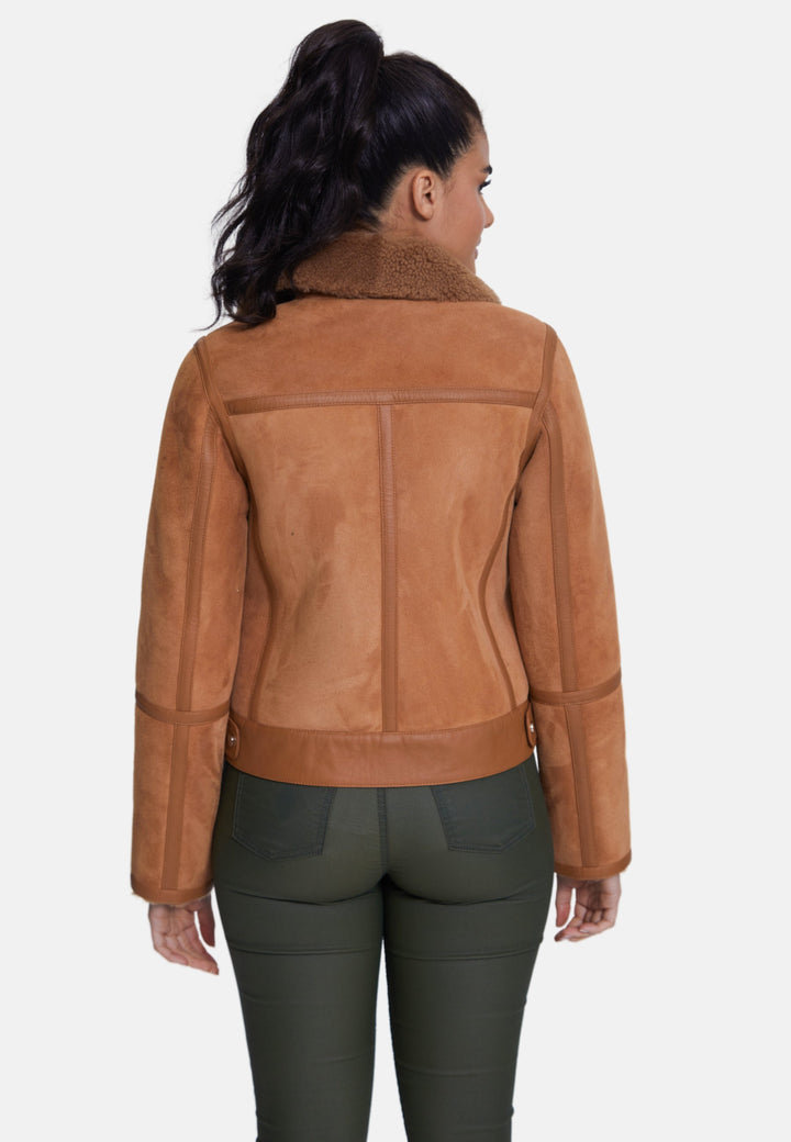 Tan sheepskin shearling jacket back view