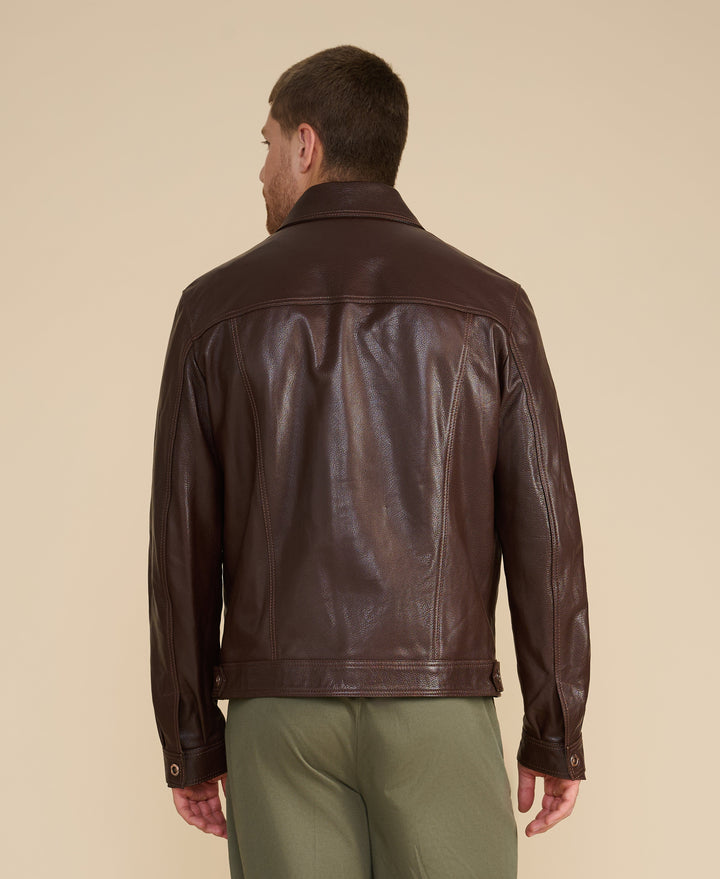 Brown leather jacket back view
