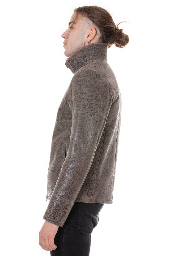 Grey sheepskin jacket side profile