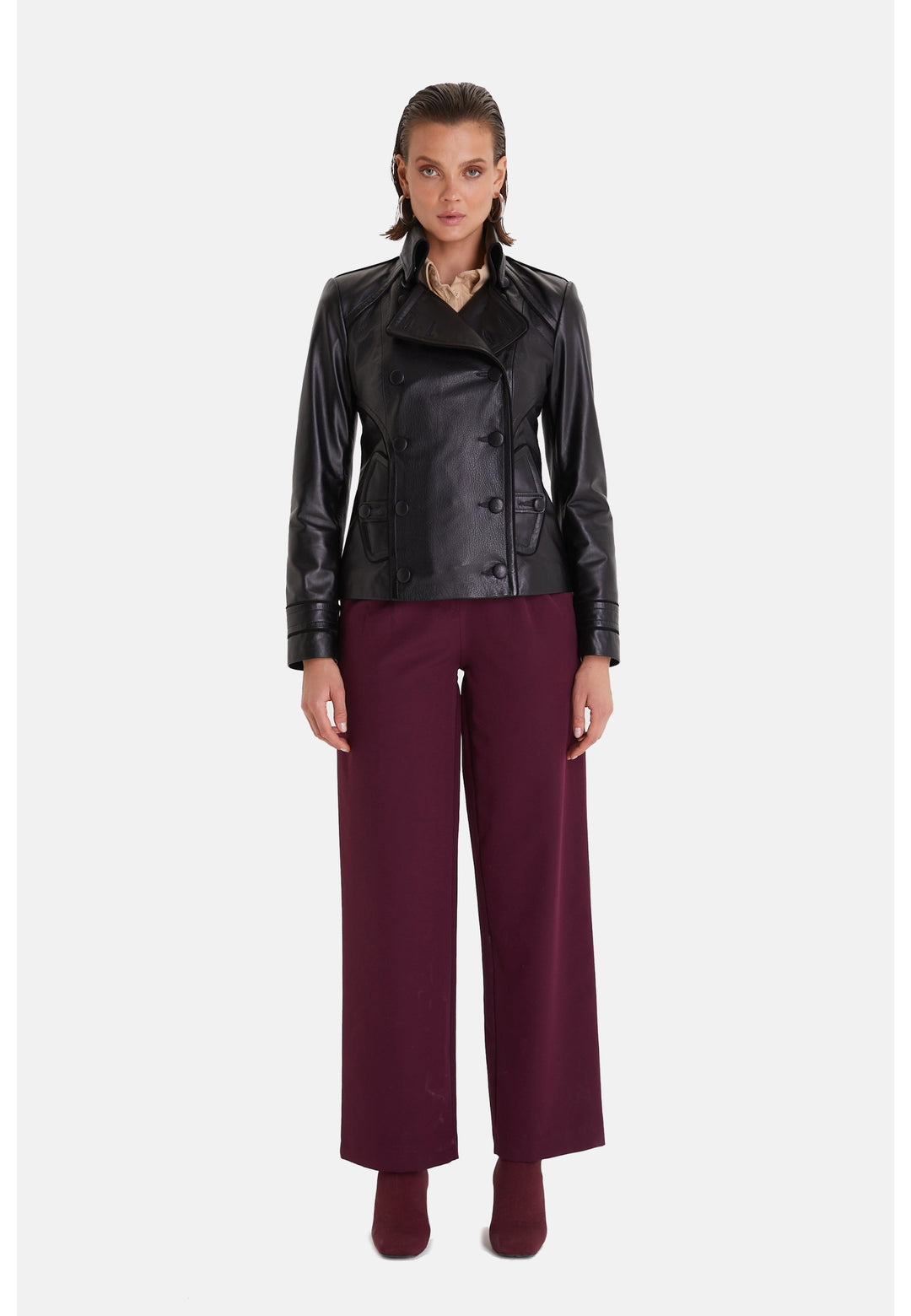 Woman wearing black leather jacket