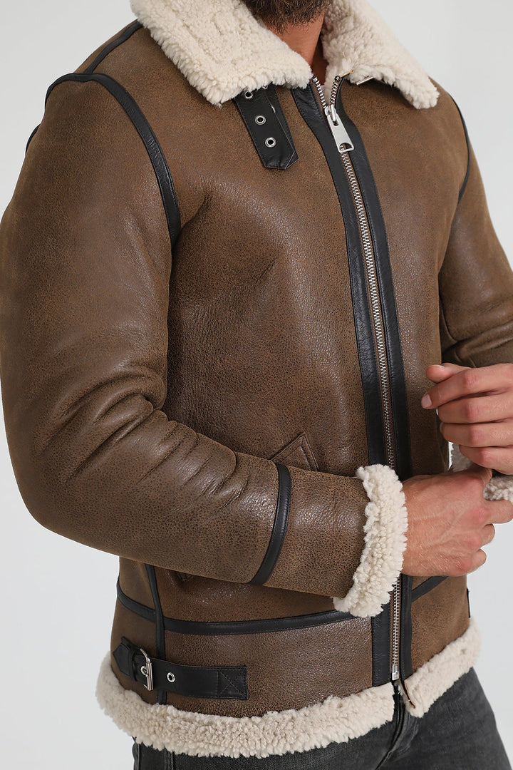 Brown sheepskin aviator jacket with shearling