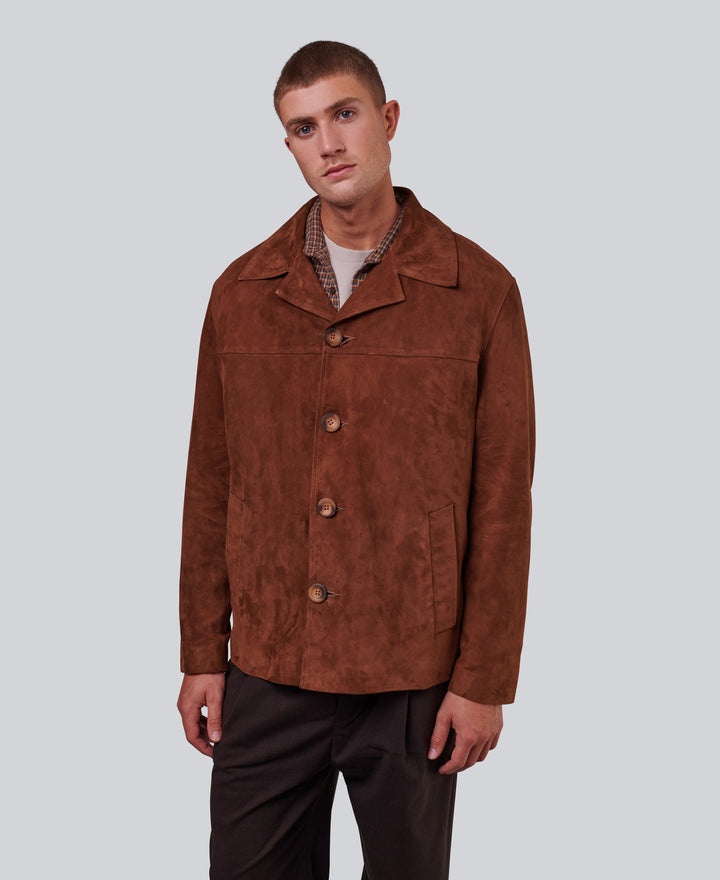 Male model wearing brown suede jacket